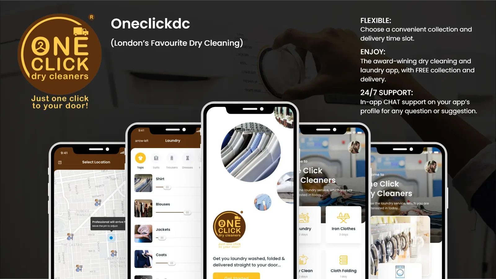 ONE CLICK: Dry Cleaners App screen designed and developed by Infusible Coder